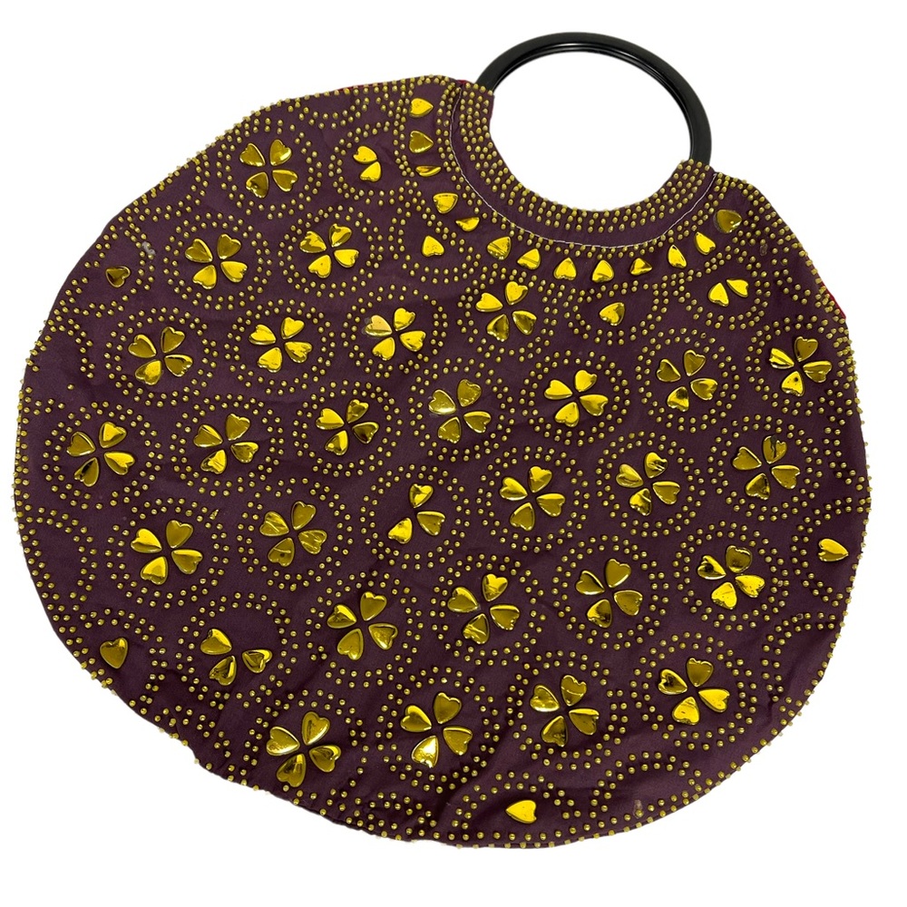 Plum Fabric Handbag with Gold Heart Beadings